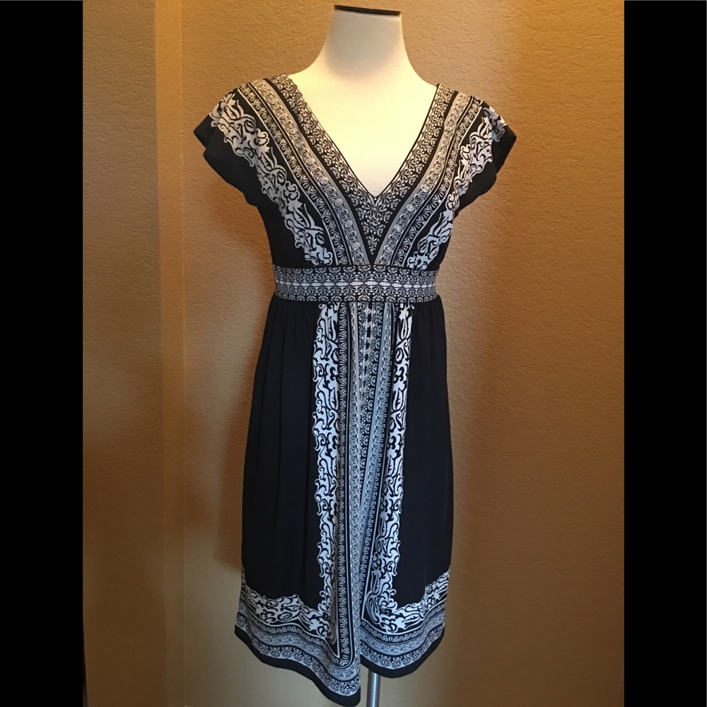 INC-Black and Off-White Embellished Print Dress